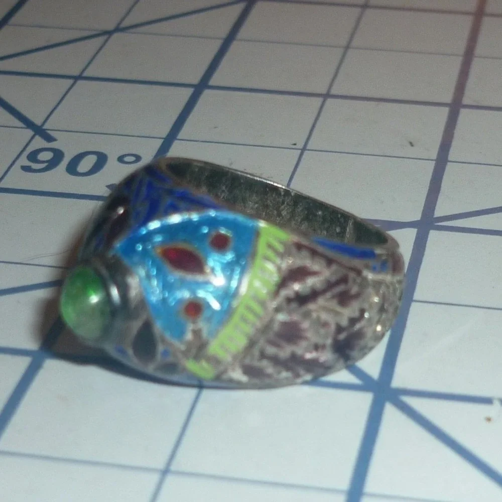 Vintage Chinese Export Cloisonne Enamel Silver Ring Green Cabochon Size 6.25
